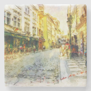 Streets of Old Prague watercolor Stone Coaster