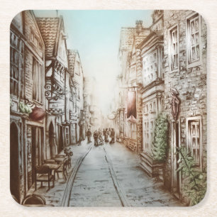 Streets of Paris, France - Pastoral Vintage Art Square Paper Coaster
