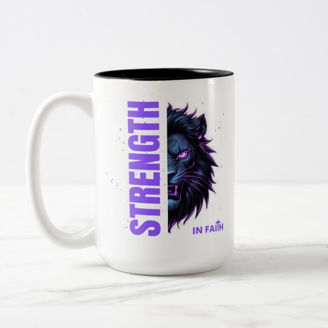 Strength in Faith Lion & Cross Emblem Two-Tone Coffee Mug (Left)
