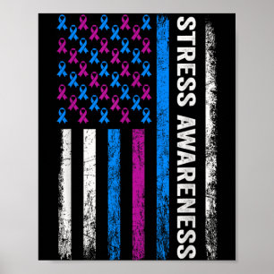 Stress Awareness Month Blue Purple Ribbons Mental Poster