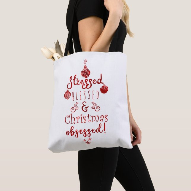 Stressed Blessed & Christmas Obsessed Red White Tote Bag (Close Up)