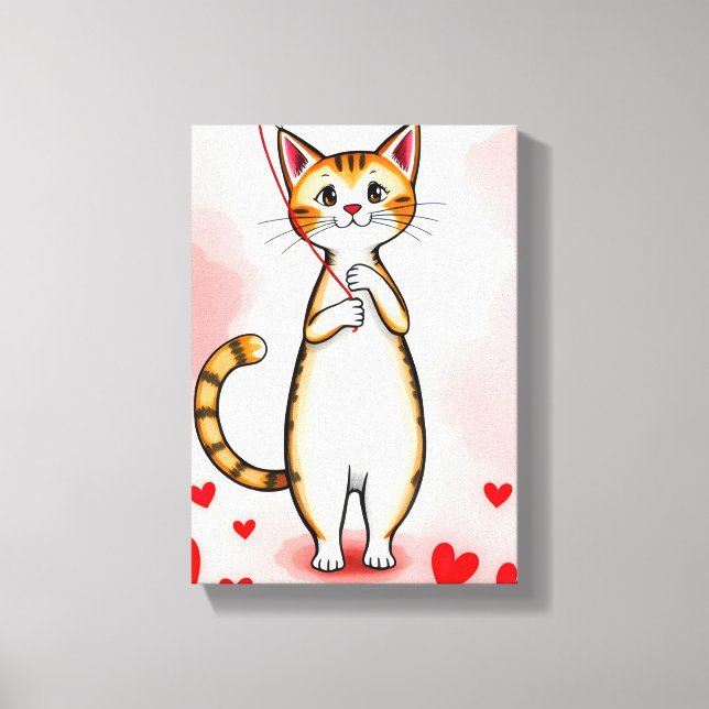 Stretched Canvas Print Cute Kitty Cat Red Hearts  (Front)