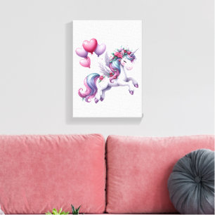 Stretched Canvas Print Floral Purple Unicorn