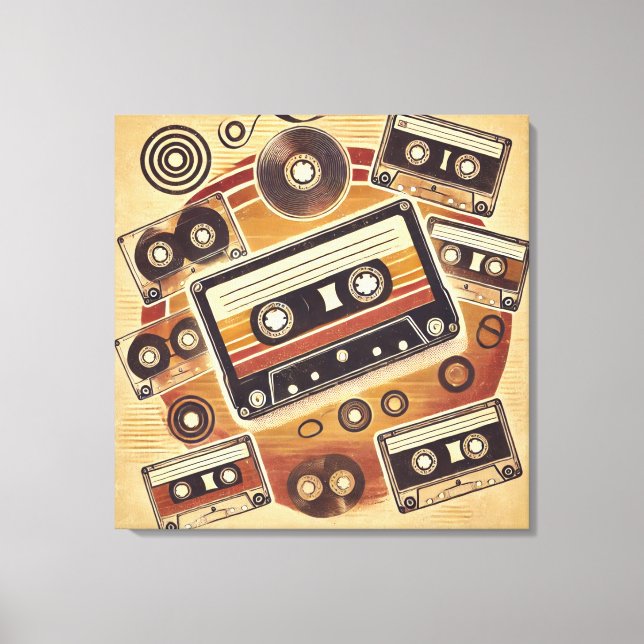 Stretched Canvas Print - Retro Cassette Design wit (Front)