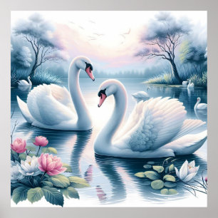 Stretched Canvas Print - Swans in a Waterlily Pond