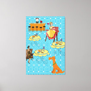 Stretched Canvas Retro Woman Dog Dinning