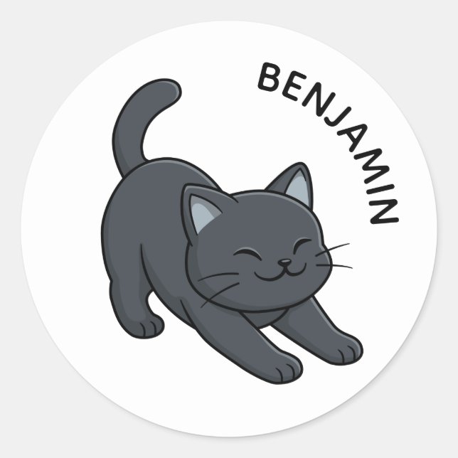 Stretching Black Cat Custom Name Classic Round Sticker (Front)