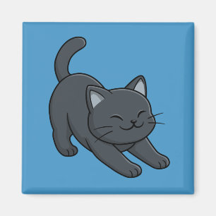 Stretching Black Cat on Blue Magnet