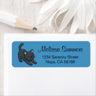 Stretching Black Cat on Blue  Return Address