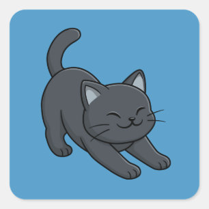 Stretching Black Cat on Blue Square Sticker
