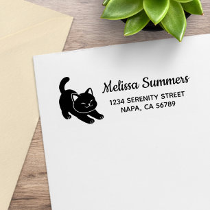 Stretching Black Cat Return Address Rubber Stamp