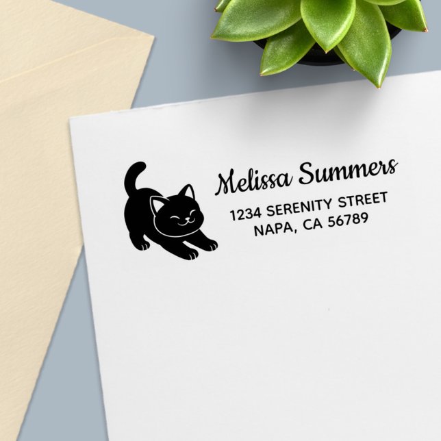 Stretching Black Cat Return Address Self-inking Stamp (Creator Uploaded)