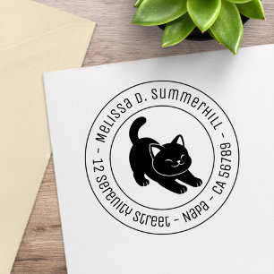 Stretching Black Cat Round Address Rubber Stamp