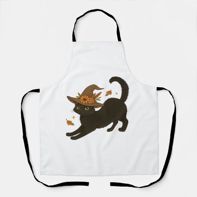 Stretching Black Cat – Witchy Autumn Classic T-Shi Apron (Front)