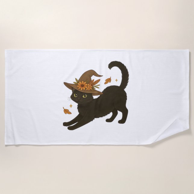 Stretching Black Cat – Witchy Autumn Classic T-Shi Beach Towel (Front)