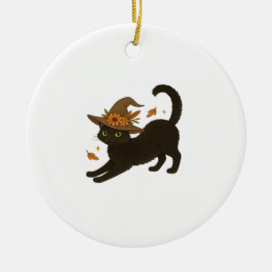 Stretching Black Cat � Witchy Autumn Classic T-Shi Ceramic Ornament