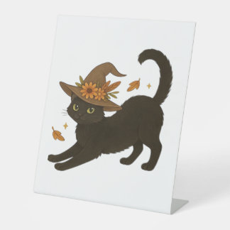 Stretching Black Cat – Witchy Autumn Classic T-Shi Pedestal Sign