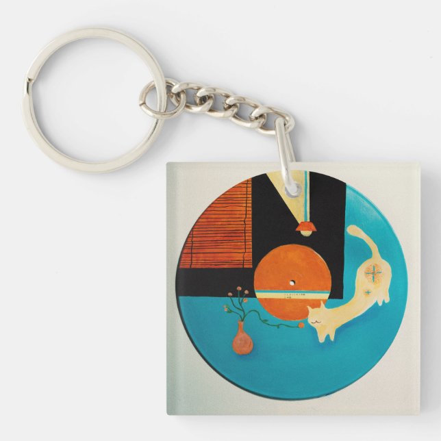 Stretching Cat Retro Record Illustration Keychain (Front)