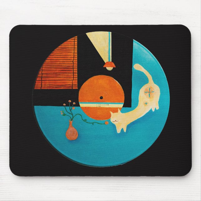 Stretching Cat Retro Record Illustration Mouse Pad (Front)