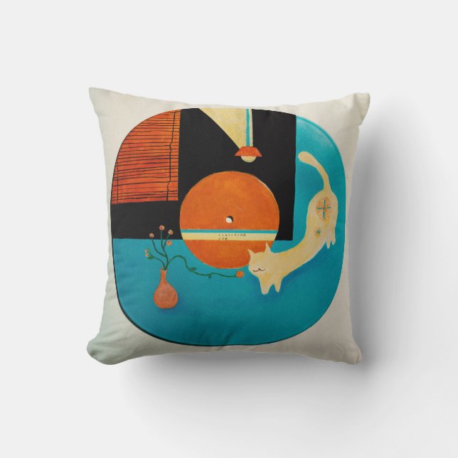Stretching Cat Retro Record Illustration Throw Pillow (Front)