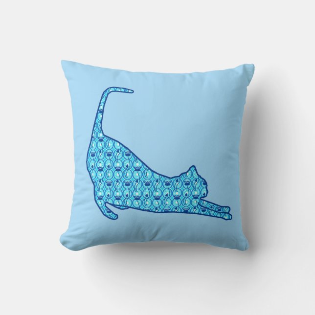 Stretching Cat Silhouette in a Blue Lotus Pattern Throw Pillow (Front)