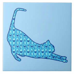 Stretching Cat Silhouette in a Blue Lotus Pattern Tile