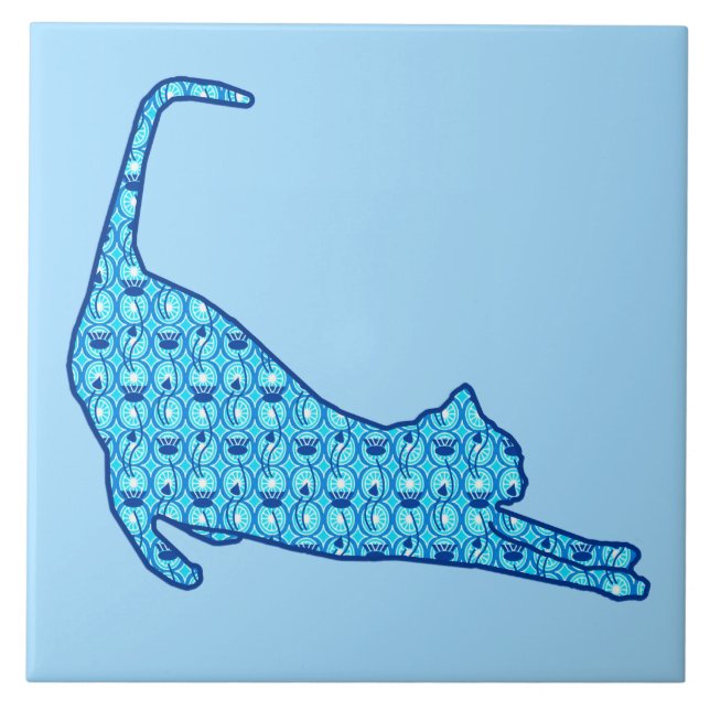 Stretching Cat Silhouette in a Blue Lotus Pattern Tile (Front)
