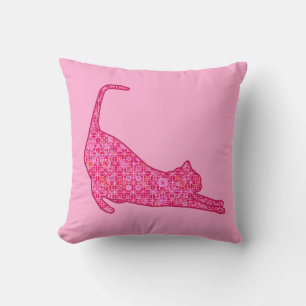 Stretching Cat Silhouette in Fuchsia Pink Batik Throw Pillow
