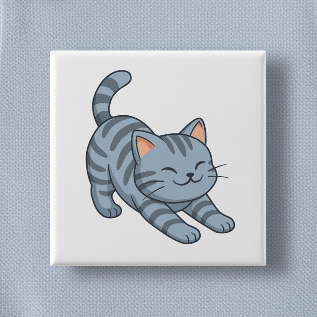 Stretching Grey Tabby Cat 2 Inch Square Button (Creator Uploaded)