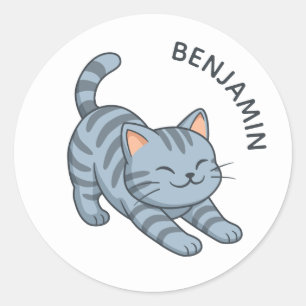 Stretching Grey Tabby Cat Custom Name Classic Round Sticker