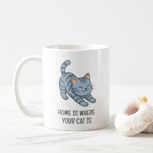 Stretching Grey Tabby Cat Custom Text Coffee Mug