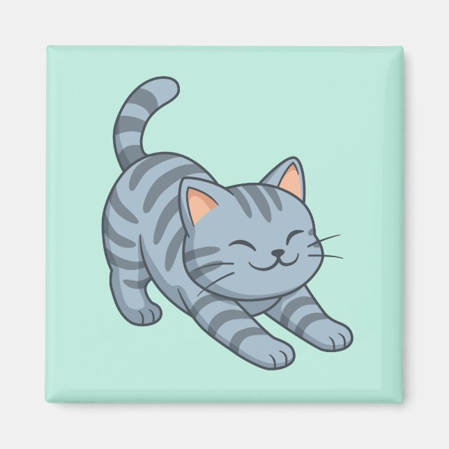 Stretching Grey Tabby Cat Green Magnet (Front)