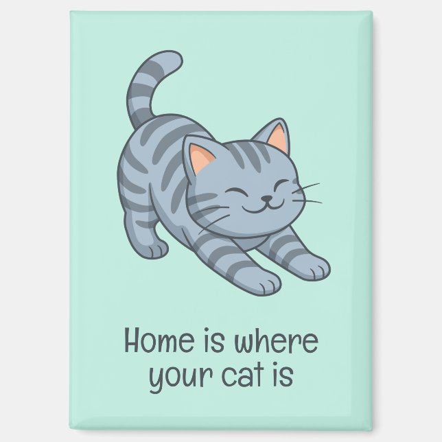 Stretching Grey Tabby Green Cat Custom Text Magnet (Front)