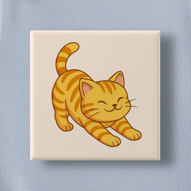 Stretching Orange Tabby Cat Beige 2 Inch Square Button (Creator Uploaded)