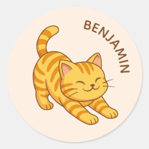Stretching Orange Tabby Cat Beige Custom Name Classic Round Sticker