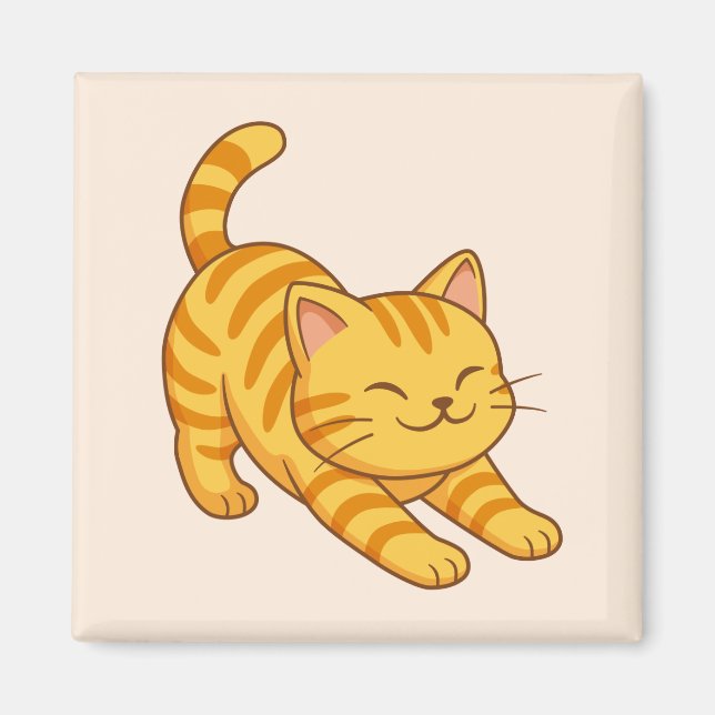 Stretching Orange Tabby Cat Beige Magnet (Front)