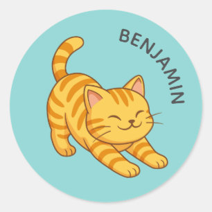Stretching Orange Tabby Cat Green Custom Name Classic Round Sticker