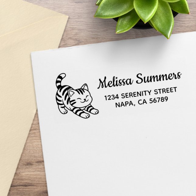 Stretching Tabby Cat Return Address Rubber Stamp (Creator Uploaded)