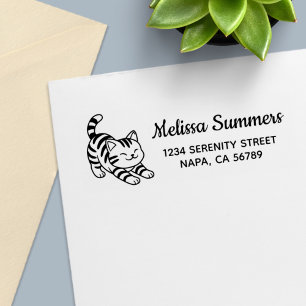 Stretching Tabby Cat Return Address Self-inking Stamp