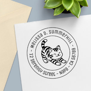 Stretching Tabby Cat Round Address Self-inking Stamp