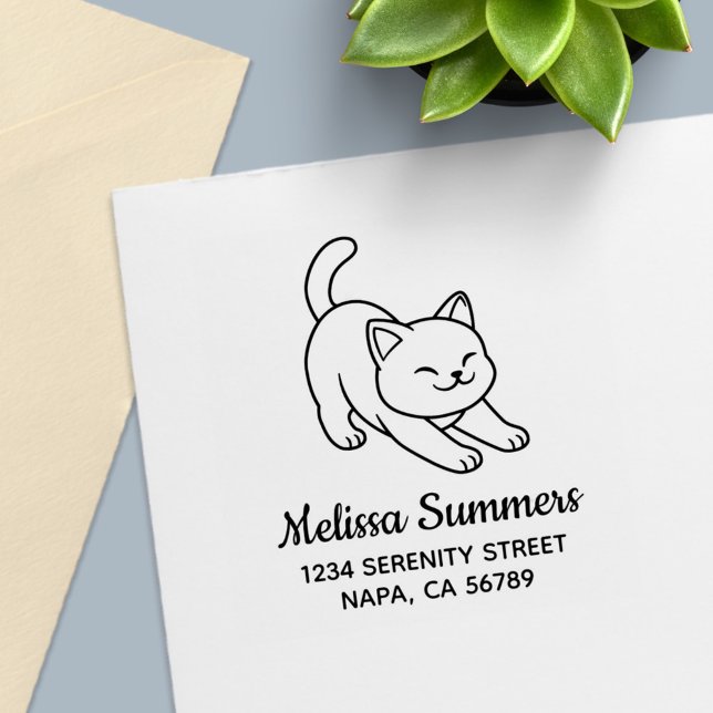 Stretching White Cat Address Self-inking Stamp (Creator Uploaded)