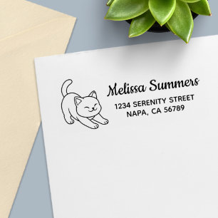 Stretching White Cat Return Address Self-inking Stamp