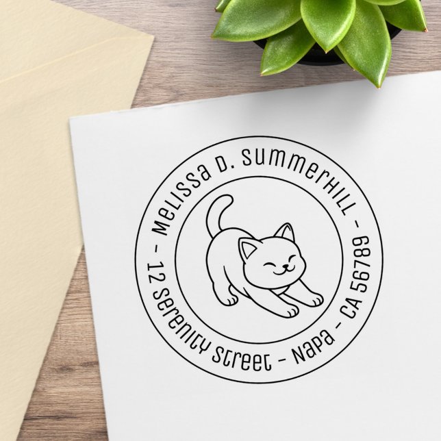 Stretching White Cat Round Address Rubber Stamp (Creator Uploaded)