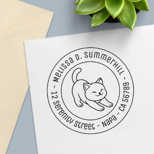 Stretching White Cat Round Address Self-inking Stamp