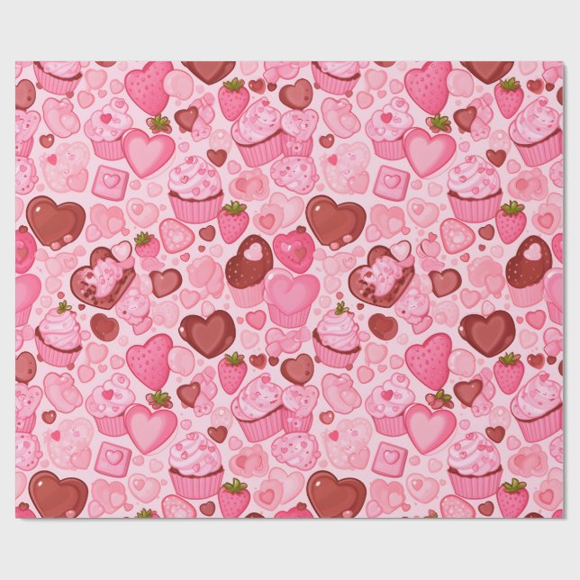 Strewberry Heart Cupcake Valentine Seamless Wrapping Paper (Flat)