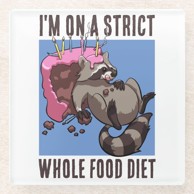 Strict Whole Food Diet Raccoon Eating Whole Cake Glass Coaster (Front)
