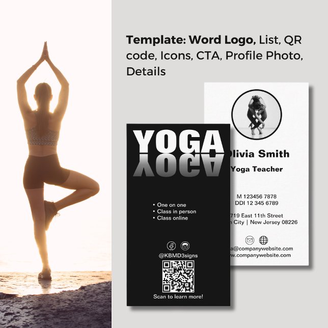Strike a Pose Trendy Yoga Teacher Business Card (Strike a Pose Trendy Yoga Teacher Business Card, Word Logo, Service List, QR code, Photo)