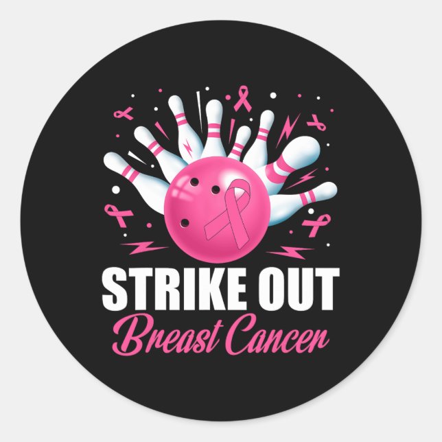 Strike Out Bowling Ball Pins Breast Cancer Pink Ri Classic Round Sticker (Front)
