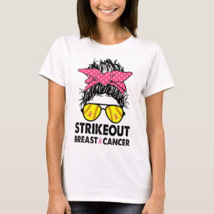 Strike Out Breast Cancer Awareness Messy Bun Softl T-Shirt