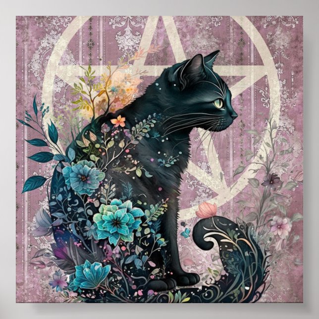Striking Black Cat Jewel-Toned Pentacle Flowers Poster (Front)
